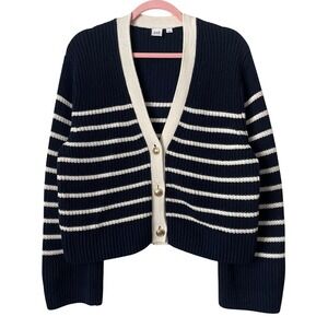 GAP Cardigan Womens Medium Blue White Striped Cotton Nautical Preppy Sweater